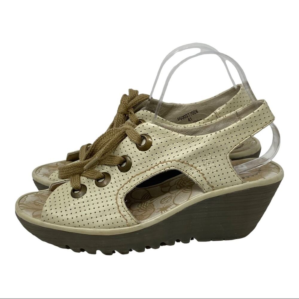 Fly London Ylva Khaki Perforated Cutout Peep Toe Lace-Up Wedge Sandals Size 41